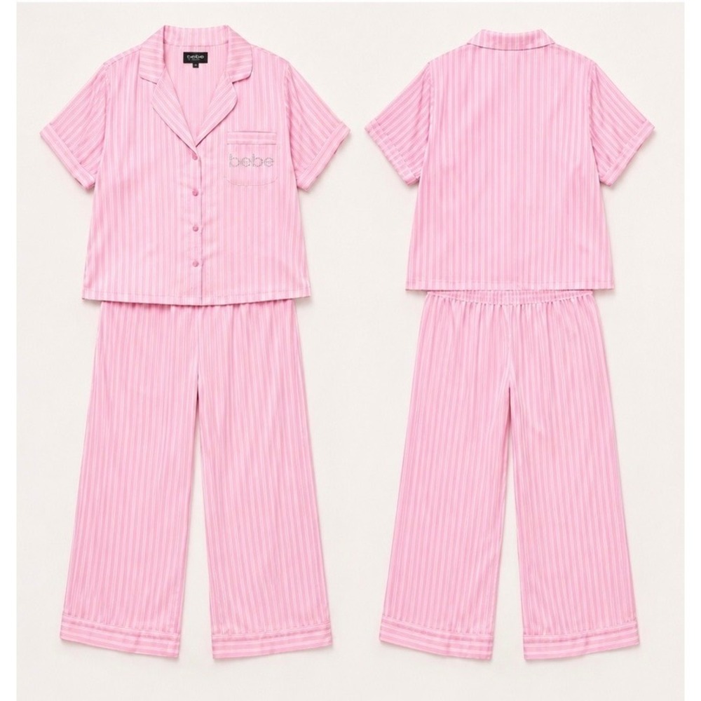 Bebe‎ Designer Silky Satin Pajama Set Size 2X w/Rhinestone BeBe Logo on Pocket - Picture 7 of 7